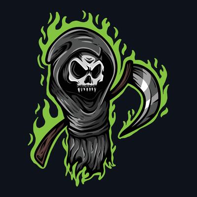colored scary grim reaper with flame background modern logo cartoon coloring vintage classic illustration style