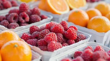 Assorted Fresh Berries and Citrus Fruit in Clear Containers on a Light Surface photo