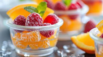 Assorted Fresh Berries and Citrus Fruit in Clear Containers on a Light Surface photo