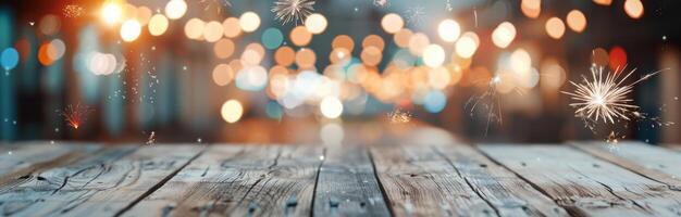 Snowfall Over Wooden Surface With Colorful Bokeh Lights at Night photo