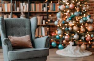 Cozy Living Room With Christmas Tree and Bookshelf Decorated for the Holidays photo