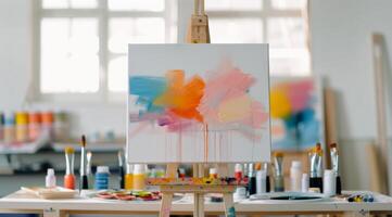 Colorful Abstract Painting in Bright Art Studio During Daylight photo