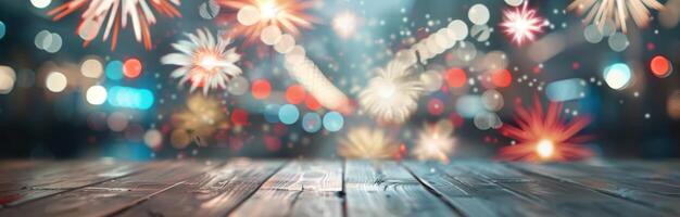 Snowfall Over Wooden Surface With Colorful Bokeh Lights at Night photo