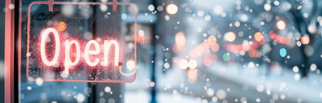 Open Sign Hanging in Snowy Urban Setting During Winter Evening photo