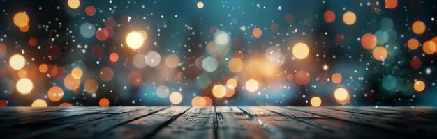 Snowfall Over Wooden Surface With Colorful Bokeh Lights at Night photo