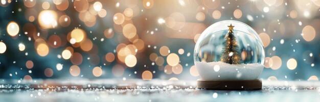Snow Globe With Christmas Tree on a Winter Night Surrounded by Sparkling Lights photo