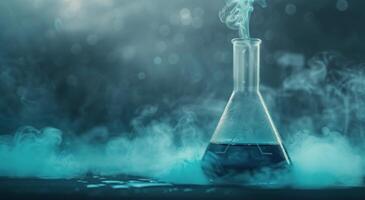 Blue Liquid in Flask With Smoke and Triangle Symbol on Dark Background photo