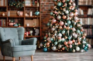 Cozy Living Room With Christmas Tree and Bookshelf Decorated for the Holidays photo