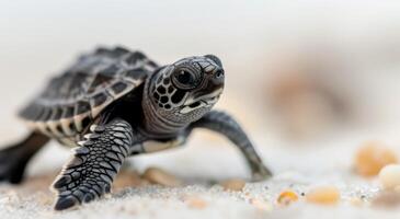 Young Sea Turtle Crawling on Sandy Beach at Dawn photo