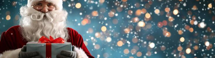 Santa Claus Holding a Gift Against a Festively Blurred Background During the Holiday Season photo