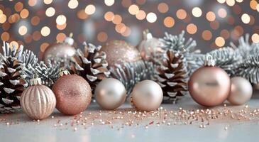 Christmas Ornaments and Pinecones on a Festive Table With Soft Bokeh Lights photo