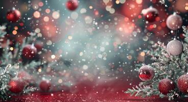 Festive Christmas Decoration With Red and Silver Ornaments on Evergreen Foliage photo