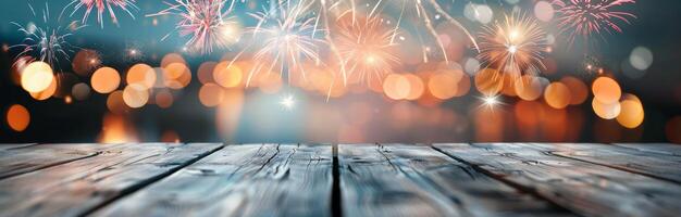 Snowfall Over Wooden Surface With Colorful Bokeh Lights at Night photo