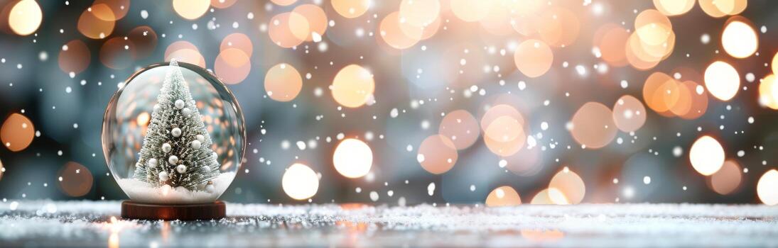 Snow Globe With Christmas Tree on a Winter Night Surrounded by Sparkling Lights photo