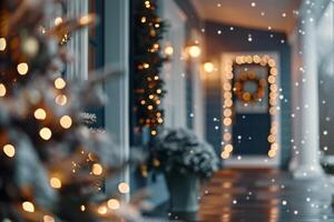 Festive Decorations on a Doorstep With a Christmas Tree and Wreath in Evening Light photo