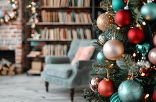 Cozy Living Room With Christmas Tree and Bookshelf Decorated for the Holidays photo