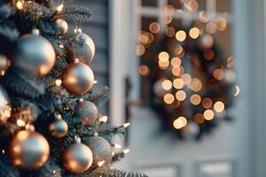 Festive Decorations on a Doorstep With a Christmas Tree and Wreath in Evening Light photo