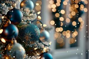 Festive Decorations on a Doorstep With a Christmas Tree and Wreath in Evening Light photo