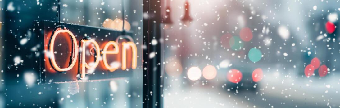 Open Sign Hanging in Snowy Urban Setting During Winter Evening photo