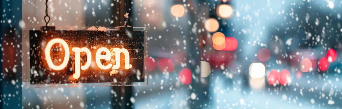 Open Sign Hanging in Snowy Urban Setting During Winter Evening photo