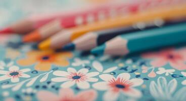 Colorful Pencils on Flower Patterned Paper With Blurred Background Lights photo