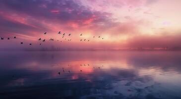 Glowing Sunrise Over Tranquil Lake With Birds in Flight photo