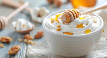 Creamy Yogurt With Almonds and Honey Served in Rustic Bowls photo