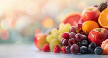 Fresh Assortment of Colorful Fruits Displayed on a Table With Soft Background Light photo