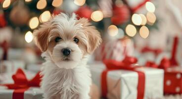 Adorable Puppy Surrounded by Holiday Gifts With Bokeh Background photo