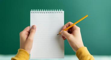 Writing Notes on Blank Notebook With Pencil in Cozy Indoor Setting photo