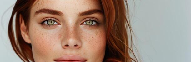 Portrait of a Woman With Red Hair and Freckles Against a Neutral Background photo