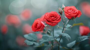 Vibrant Red Roses Blooming in a Sunny Garden at Dawn photo