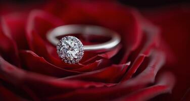 Elegant Diamond Ring Resting on Red Rose Petals in Soft Light photo