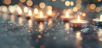 Soft Glowing Candles Illuminating A Dark Surface With Warm Light photo