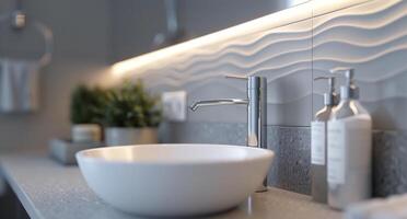 Modern Bathroom Featuring Stone Sink and Minimalist Decor in Natural Light photo