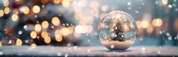 Enchanted Christmas Tree Inside Snow Globe With Warm Bokeh Lights photo