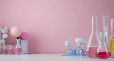 Laboratory Microscopy Setup With Glassware and Pink Background in Modern Science Space photo