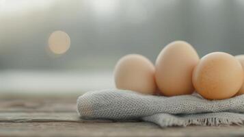 Fresh White Eggs Arranged on Wooden Surface in Natural Light photo