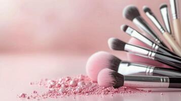 Cosmetic Brushes and Pink Powder on a Light Surface photo