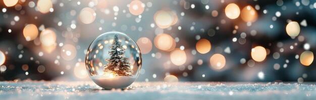 Enchanted Christmas Tree Inside Snow Globe With Warm Bokeh Lights photo