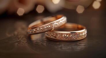 Elegant Gold Wedding Rings Close-Up on Textured Surface photo