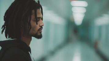 Thoughtful Young Man With Dreadlocks in a Dimly Lit Urban Corridor photo