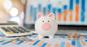 Piggy Bank on Financial Reports With Calculator and Coins in Office Setting photo