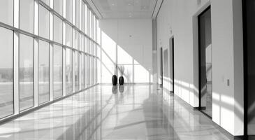 Modern Hallway With Natural Light and Shadows in a Sleek Building Interior photo