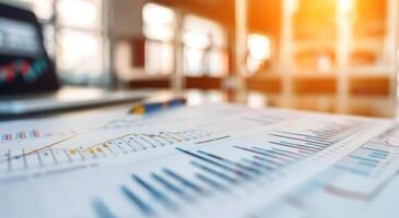 Business Analytics Report With Graphs on Table During Sunset in Modern Office photo