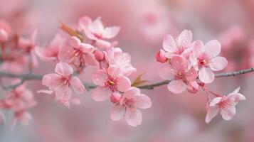 Delicate Cherry Blossom Branches Blooming in Springtime With Soft Pink Background photo