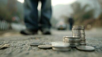 Stacks Of Coins On The Ground With A Person Walking In The Background At Dusk photo