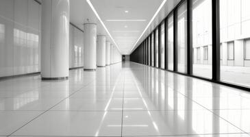 Modern Office Corridor With Floor-to-Ceiling Windows in Bright Natural Light photo