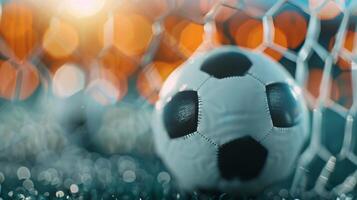 Soccer Ball Nestled in Goal Net During Evening Match photo