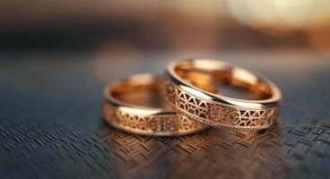 Elegant Gold Wedding Rings Close-Up on Textured Surface photo